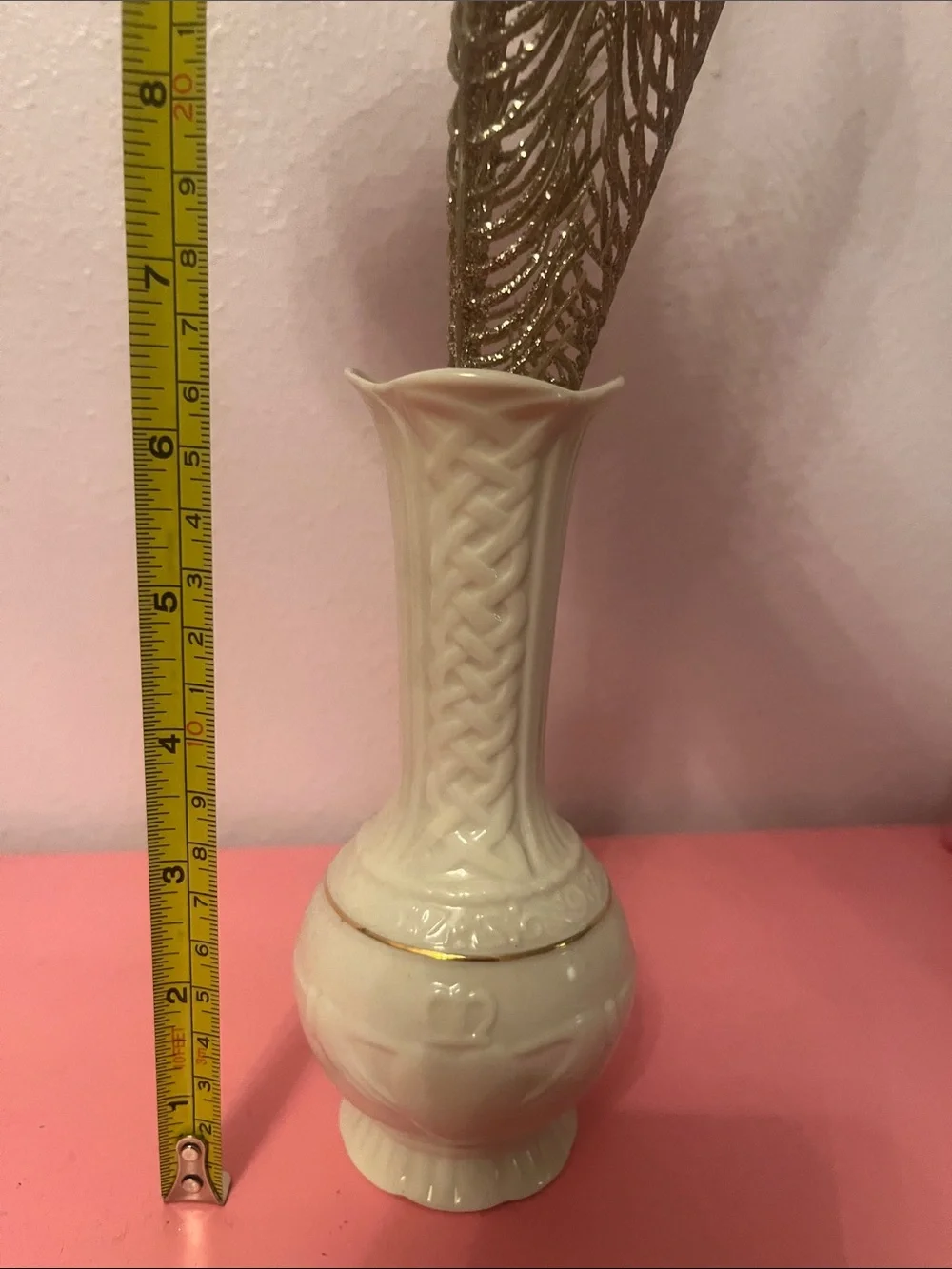 Belleek Cream Ceramic Bud Vase with Gold Trim